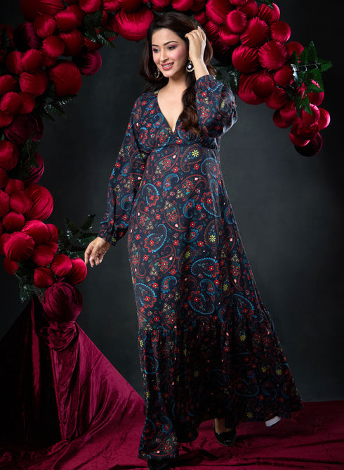 Deep V Neck Printed Short Dress