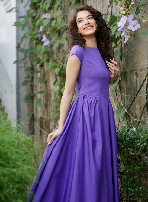 Side Gathered-Sleeve Extended Cotton Purple Dress