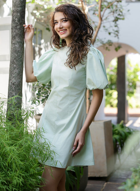Back Tie Cotton Light Green Dress