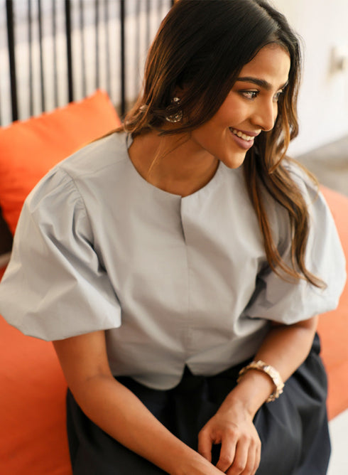 Grey Puffed Sleeve Front Detail Top