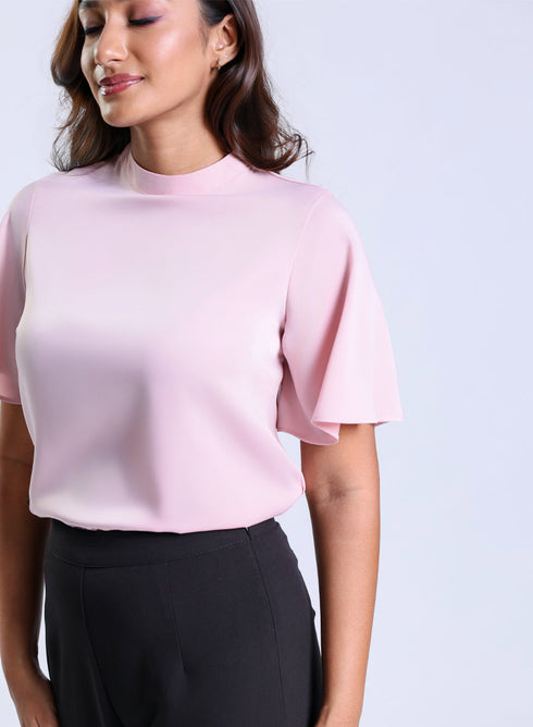Flared Chiffon Collared Pink Top