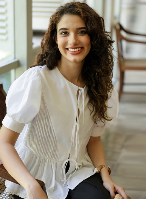 Pintucked Peplum White Cotton Top