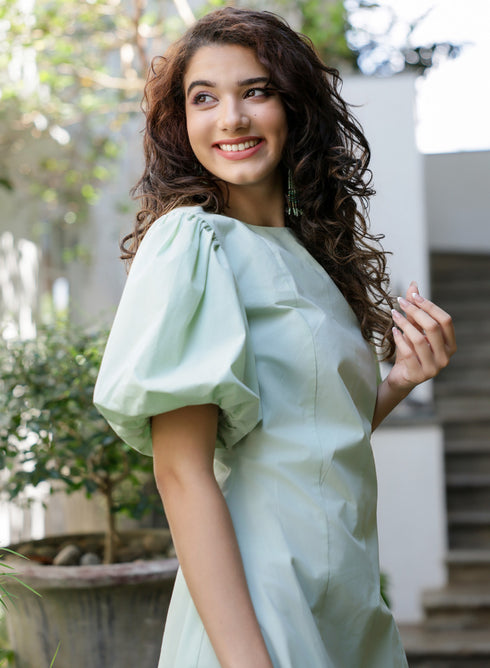 Back Tie Cotton Light Green Dress