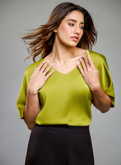 VNeck Flared Sleeve Satin Green Top