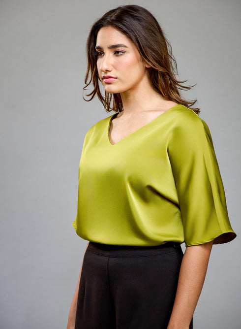 VNeck Flared Sleeve Satin Green Top