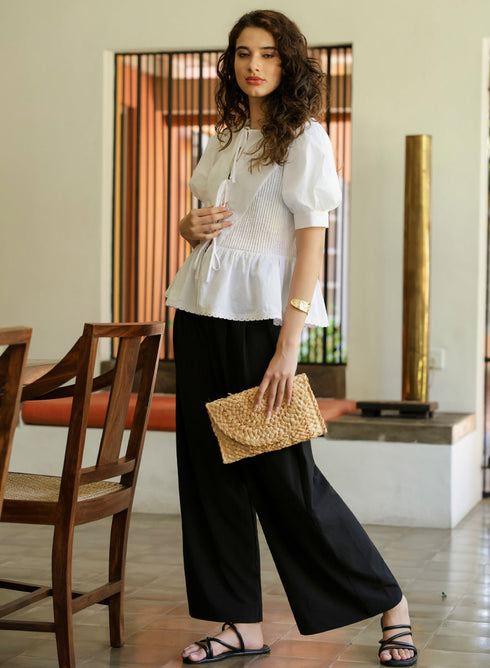 Pintucked Peplum White Cotton Top