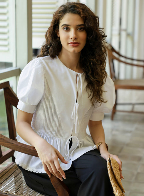 Pintucked Peplum White Cotton Top