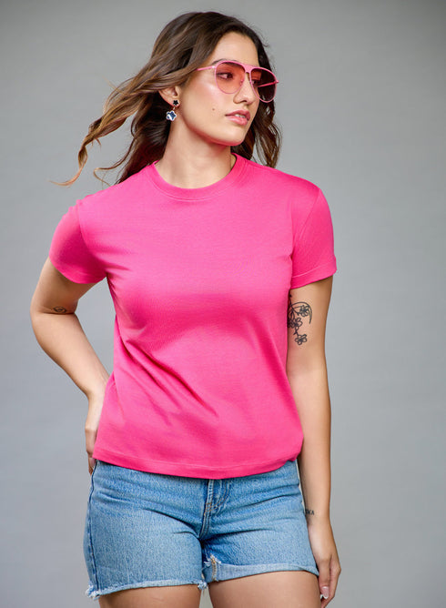 Hot Pink Basic Crew Neck T-shirt