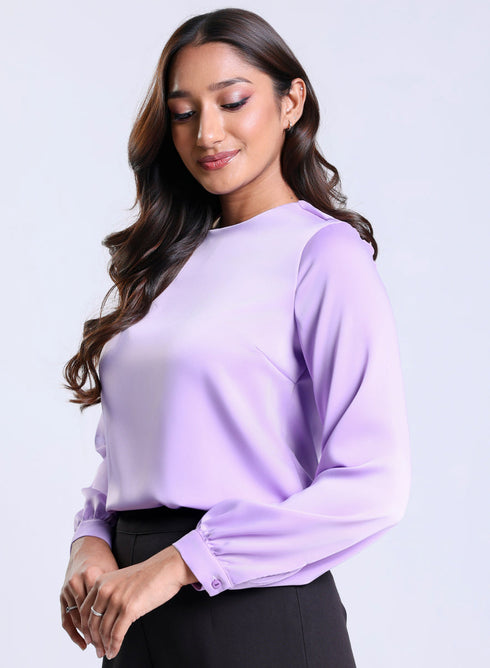 Long Sleeve Round Neck Lavender Satin Top