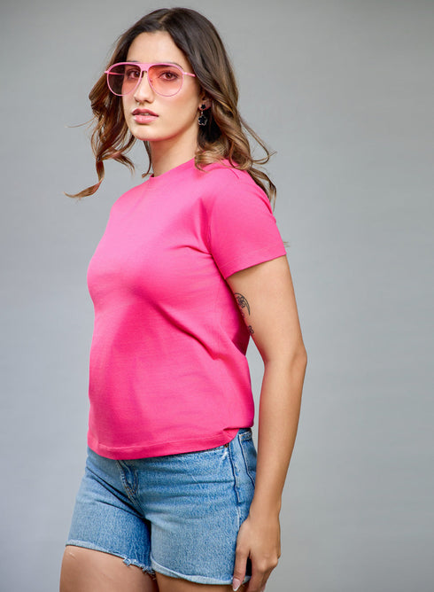 Hot Pink Basic Crew Neck T-shirt