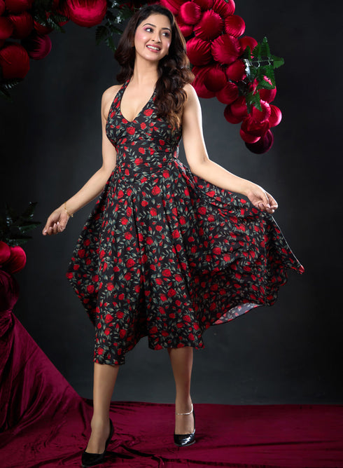 Halter Neck Printed Chiffon Dress