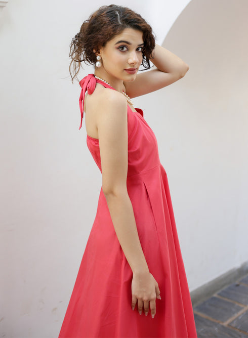 Halter Sweetheart Neck Cotton Red Dress