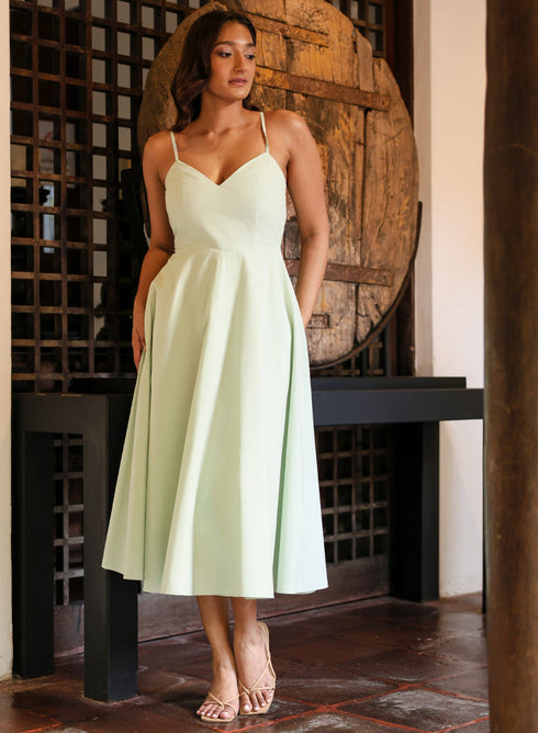 Deep V Neck Cotton Midi Dress Mint