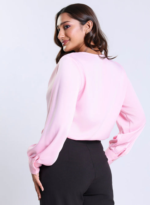 Long Sleeve Cowl Neck Pink Satin Top