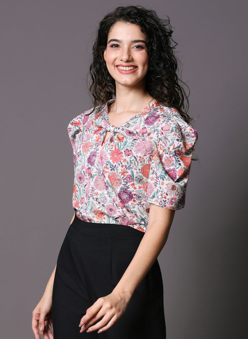 Pink Floral Printed Front Knot Top
