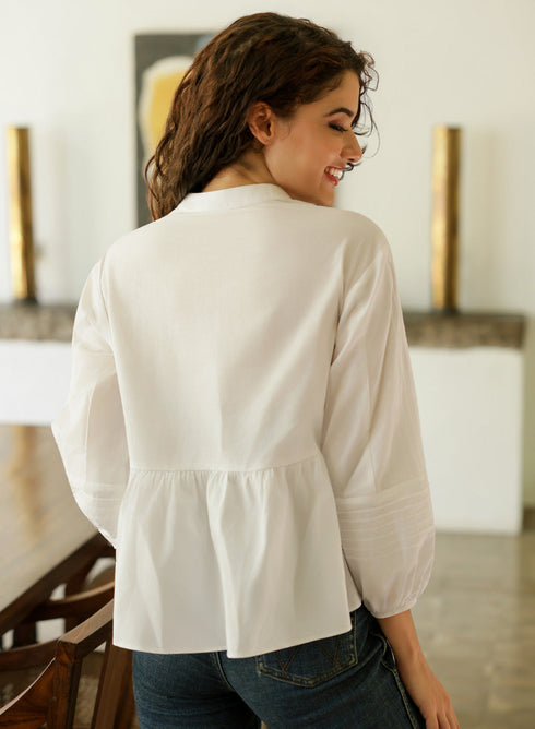 Pintucked White Oversized Long Sleeve Top