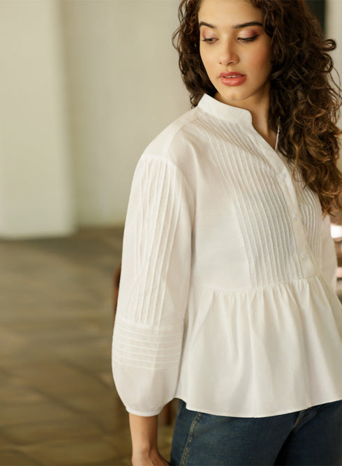 Pintucked White Oversized Long Sleeve Top