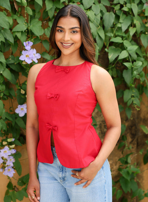 Red Bow Split Cotton Peplum Top
