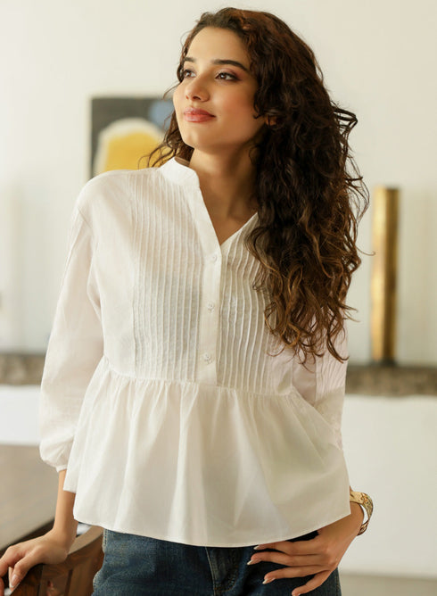 Pintucked White Oversized Long Sleeve Top