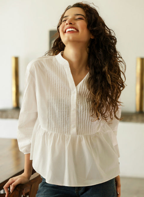 Pintucked White Oversized Long Sleeve Top