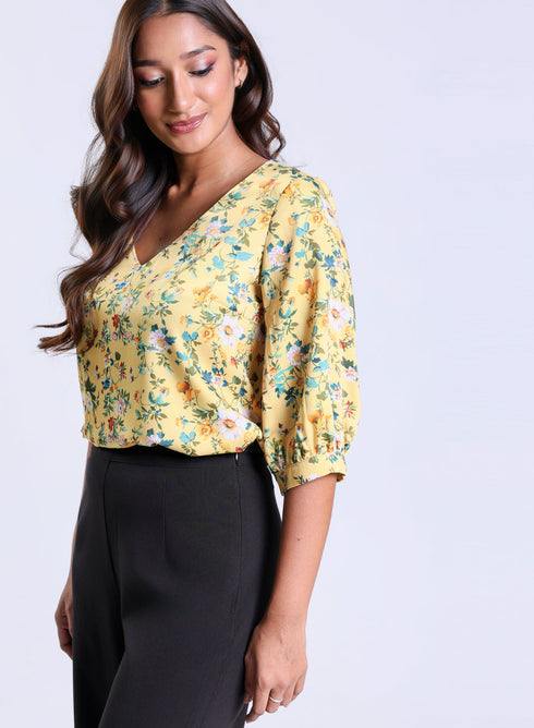 Printed Satin V Neck Top