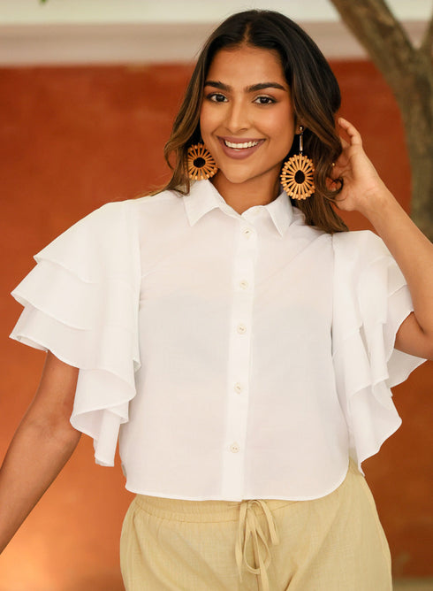 Frilled Cotton Shirt Top White