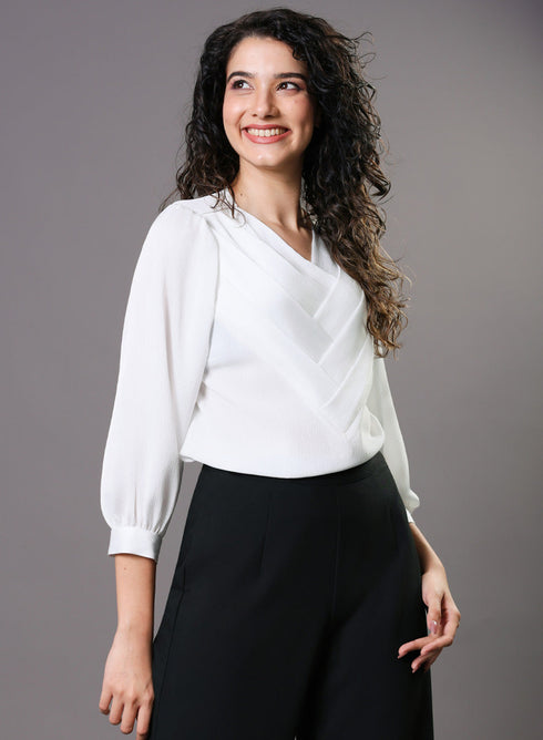White Side Pleated Chiffon Top