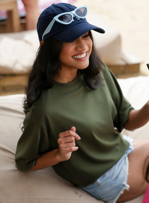 Oversized Crop Style Khaki Green T-Shirt