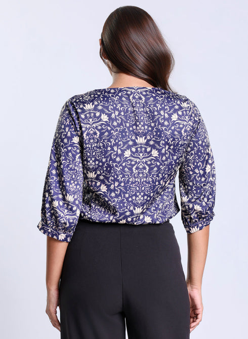 Printed Satin V Neck Blue Top