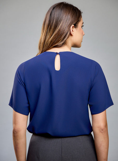 Pleated Neck Chiffon Navy Top