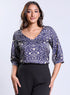 Printed Satin V Neck Blue Top