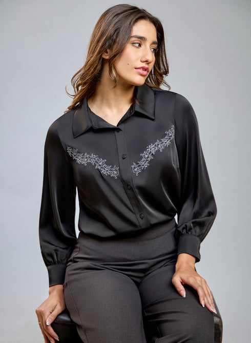 Black Embroidered Long Sleeve Shirt