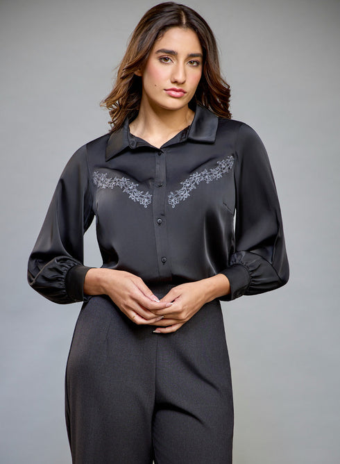 Black Embroidered Long Sleeve Shirt