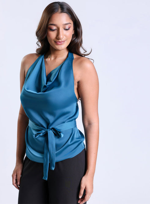 Cowl Neck Teal Blue Satin Top