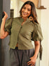 Green Front Detail Balloon Sleeve Top