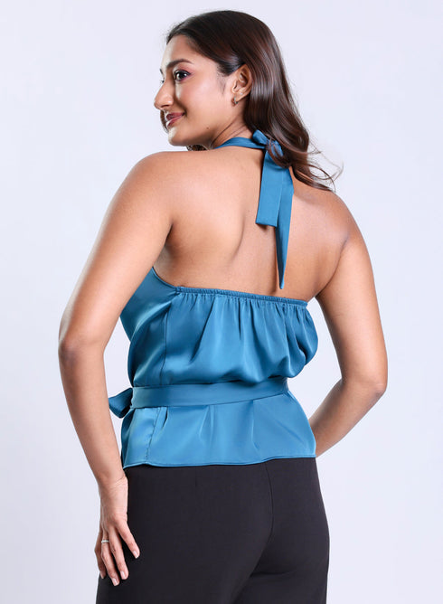 Cowl Neck Teal Blue Satin Top