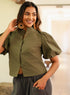 Green Front Detail Balloon Sleeve Top