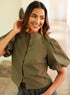 Green Front Detail Balloon Sleeve Top