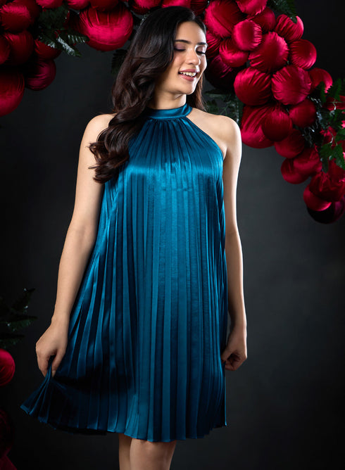 Elegant Neck Band Pleated Satin Dress