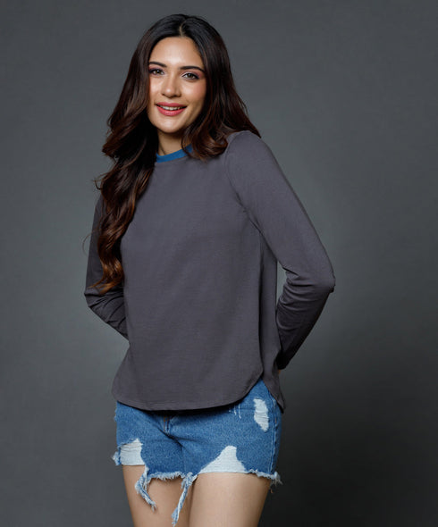 Long Sleeve Grey Crew Neck T-Shirt