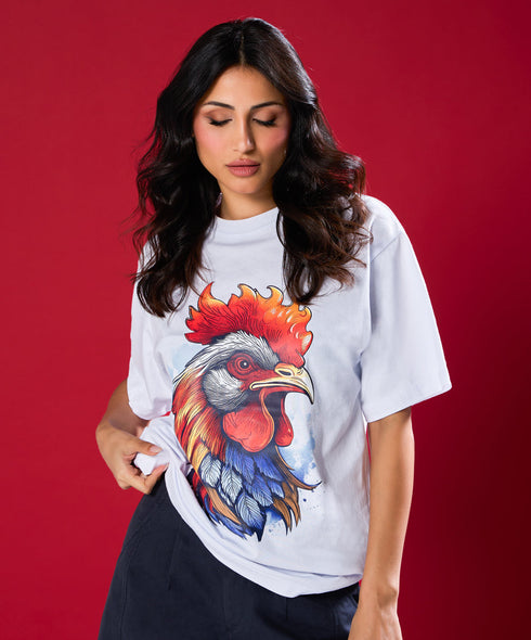 Colourful Rooster Printed Oversized Tshirt