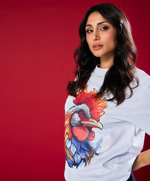 Colourful Rooster Printed Oversized Tshirt