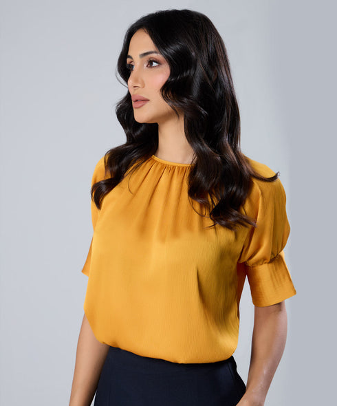 Half Sleeve Neck Gathered Chiffon Top