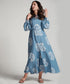 Puffed Sleeve Printed Round Neck Dress-Blue Print