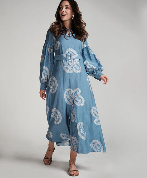 Puffed Sleeve Printed Round Neck Dress-Blue Print