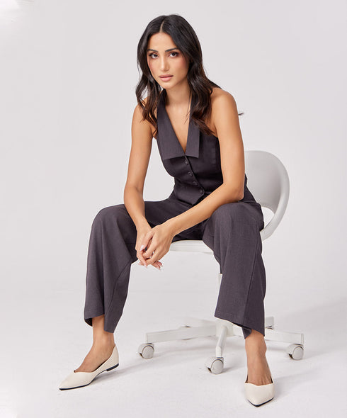 Halter Neck Buttoned Dark Grey Top