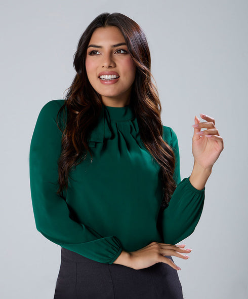 Neck Tie Long Sleeve Green Chiffon Top