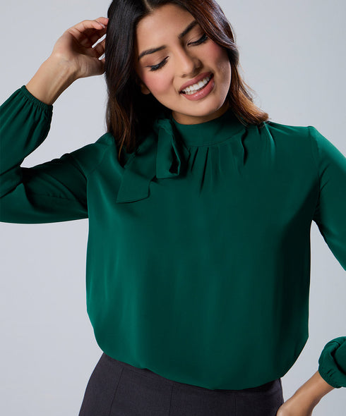 Neck Tie Long Sleeve Green Chiffon Top