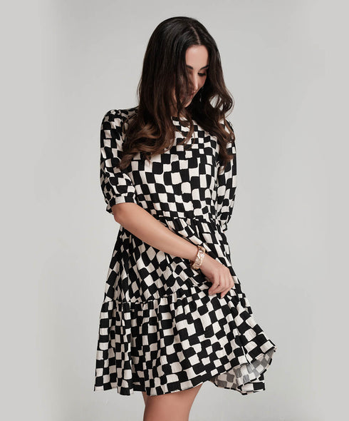 Diagonal Panel Printed Short Printed Dress