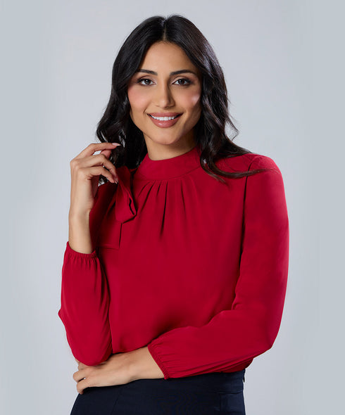 Neck Tie Long Sleeve Red Chiffon Top